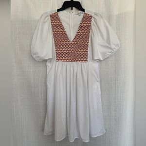 NWOT Madewell Size S White and Orange Puff-Sleeve Embroidered Women's Dress